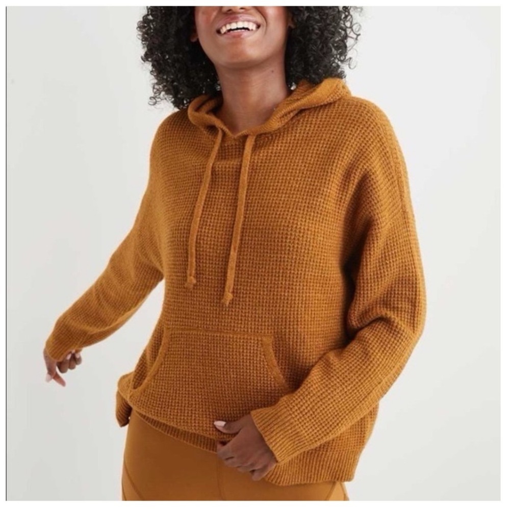 Aerie‎ Waffle Knit Hoodie Normcore Mustard Yellow Pocket Pullover Women's Size L